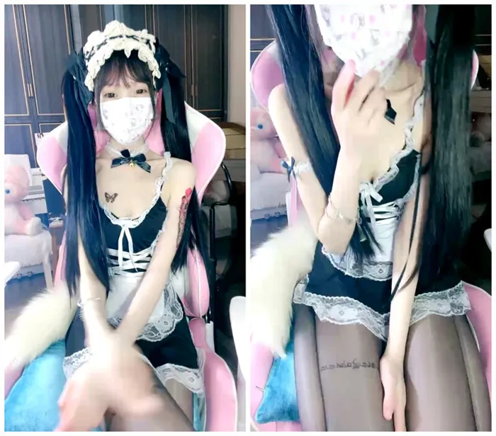 女仆服に穿つ黒いタイツが魅力的な双马尾少女たちによるライブ配信